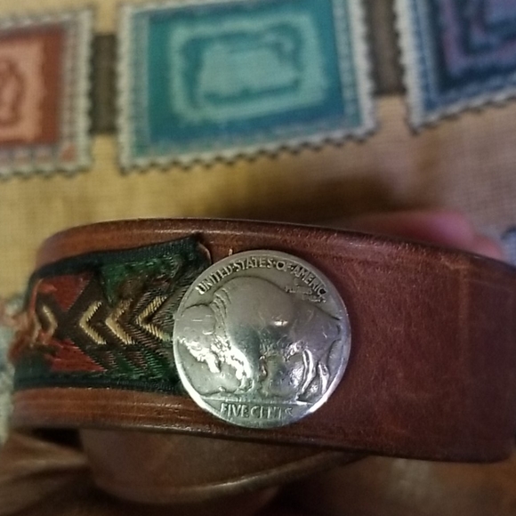 Brighton Indian Head Nickel Leather Belt 42 - Picture 3 of 7